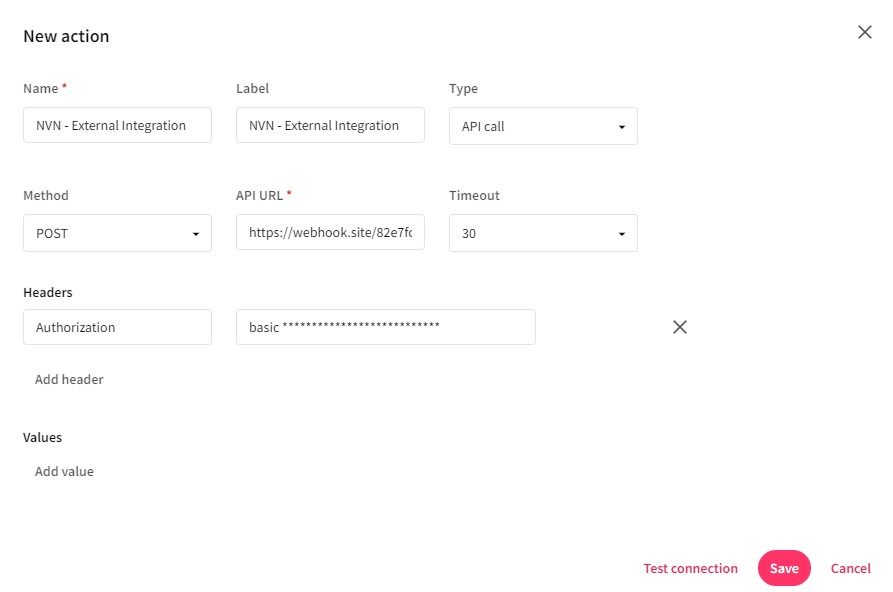 An example API call action with an authorisation header